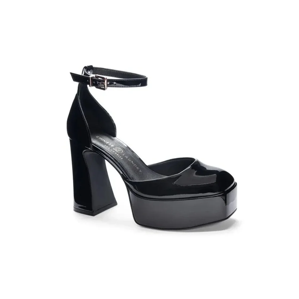 Chinese Laundry Black Patent Platform Pumps‎ Square Toe Block Heel Womens 7